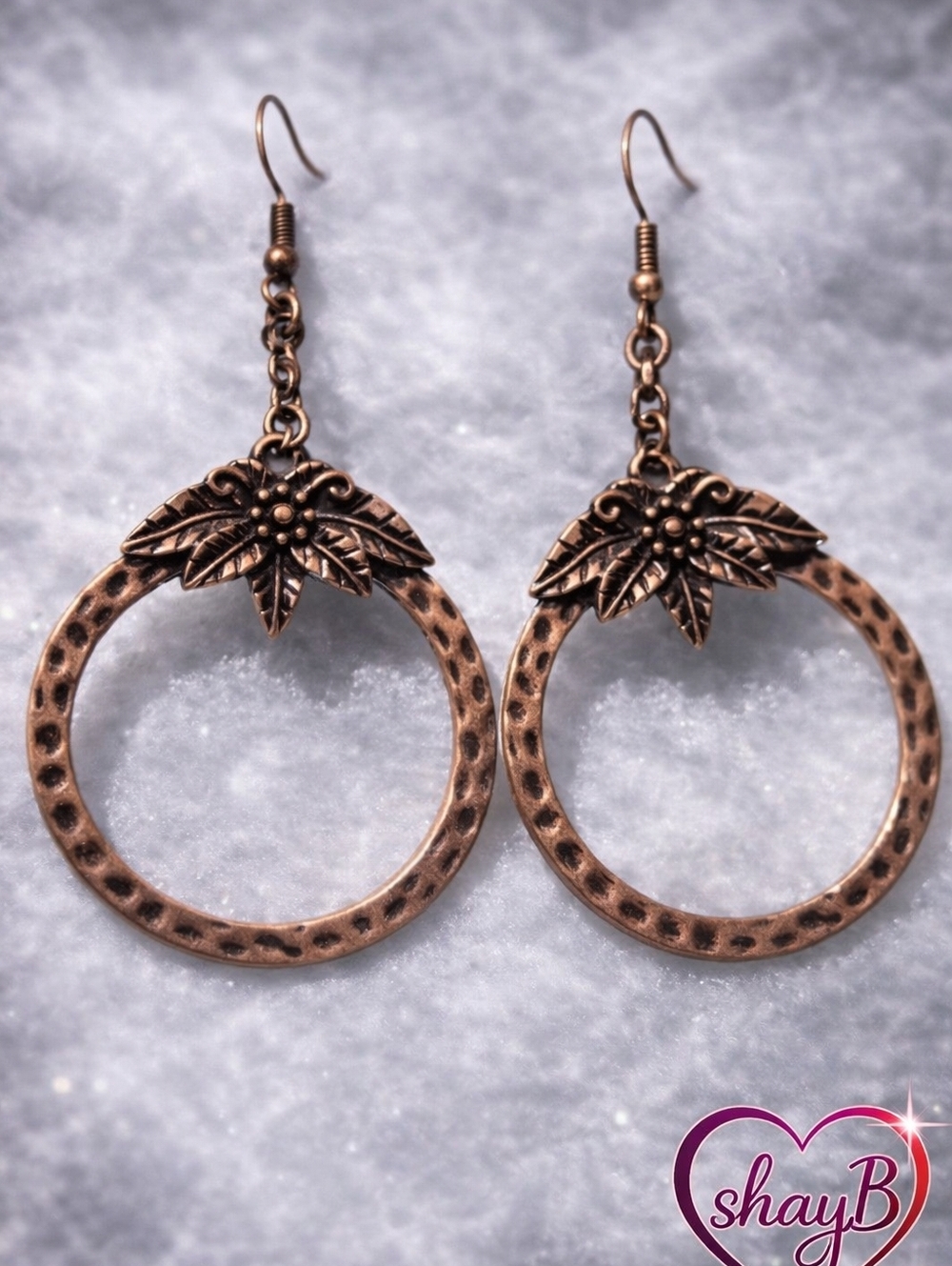 Copper Floral Hoop Dangle Earrings - Brown Copper Tone